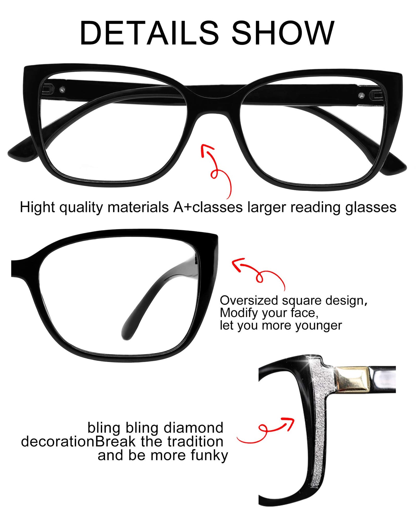 BUNOVIATA Reading Glasses For Women Oversized Fashioin Stylish Reader 1.0 1.5 2.0 2.5 3.0 3.5 4.0 5.0 6.0