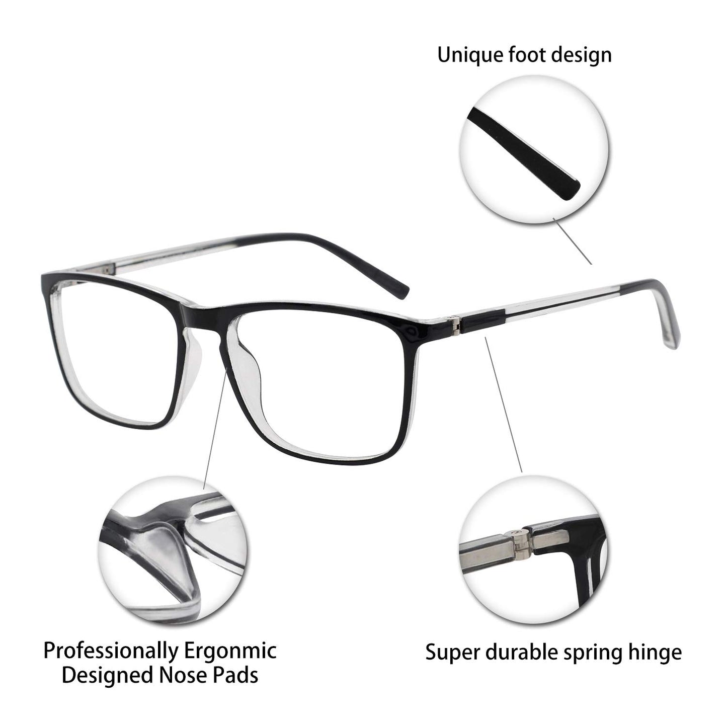 BUNOVIATA Reading Glasses Men's Rectangle Reader Durable Spring Hinge 1.0 1.25 1.5 1.75 2.0 2.25 2.5 2.75 3.0 3.5