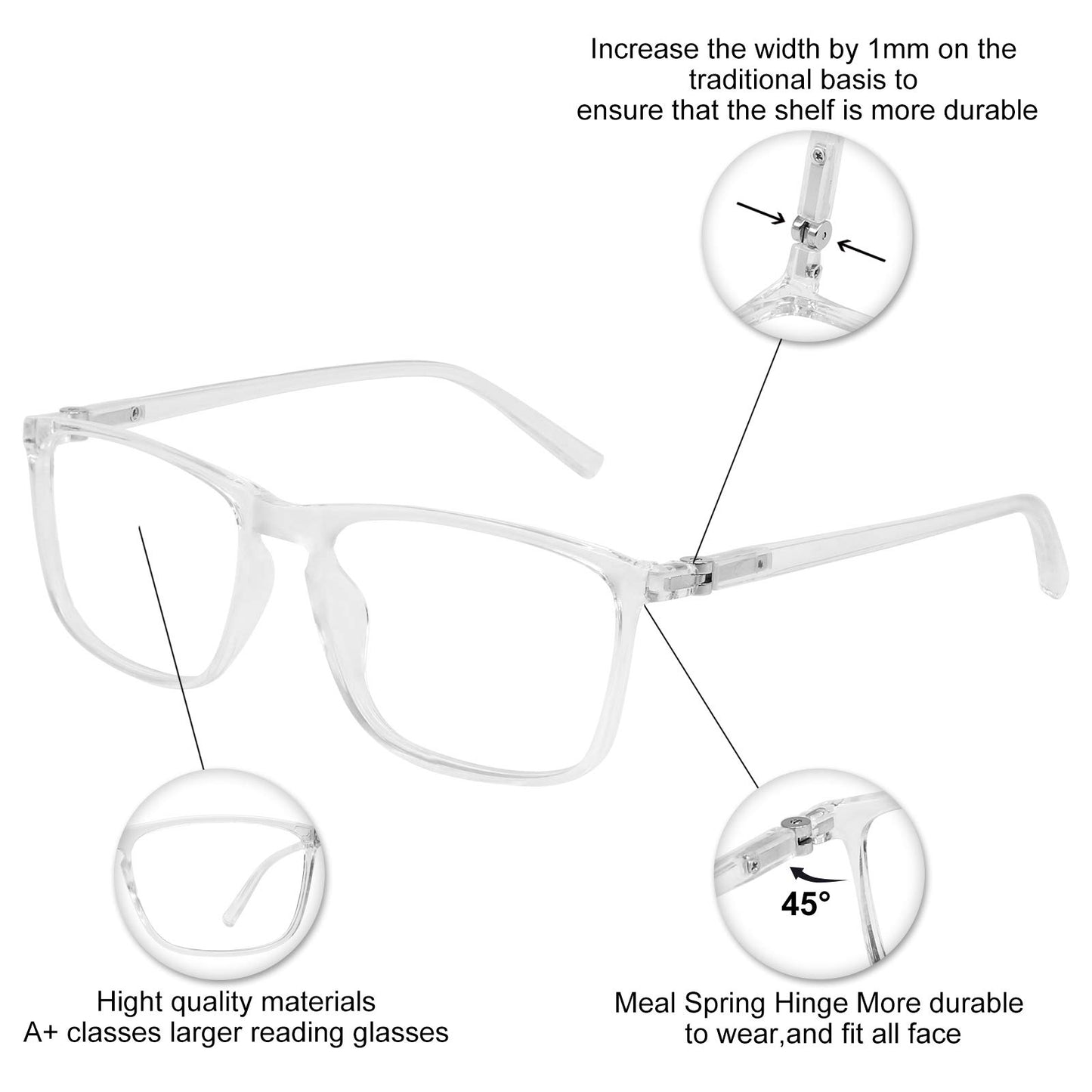 BUNOVIATA Reading Glasses Men's Rectangle Reader Durable Spring Hinge 1.0 1.25 1.5 1.75 2.0 2.25 2.5 2.75 3.0 3.5